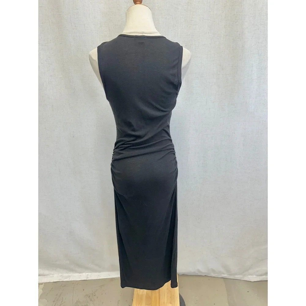 James Perse Tencel Solid Black Ruched Midi Dress Womens Size 3 Minimalist LBD